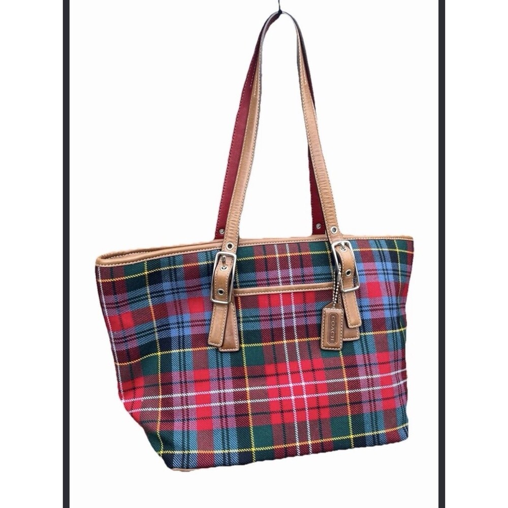 Vintage Coach 8937 Hamptons Red Tartan Plaid Wool Leather Tote Bag Y2K Holiday